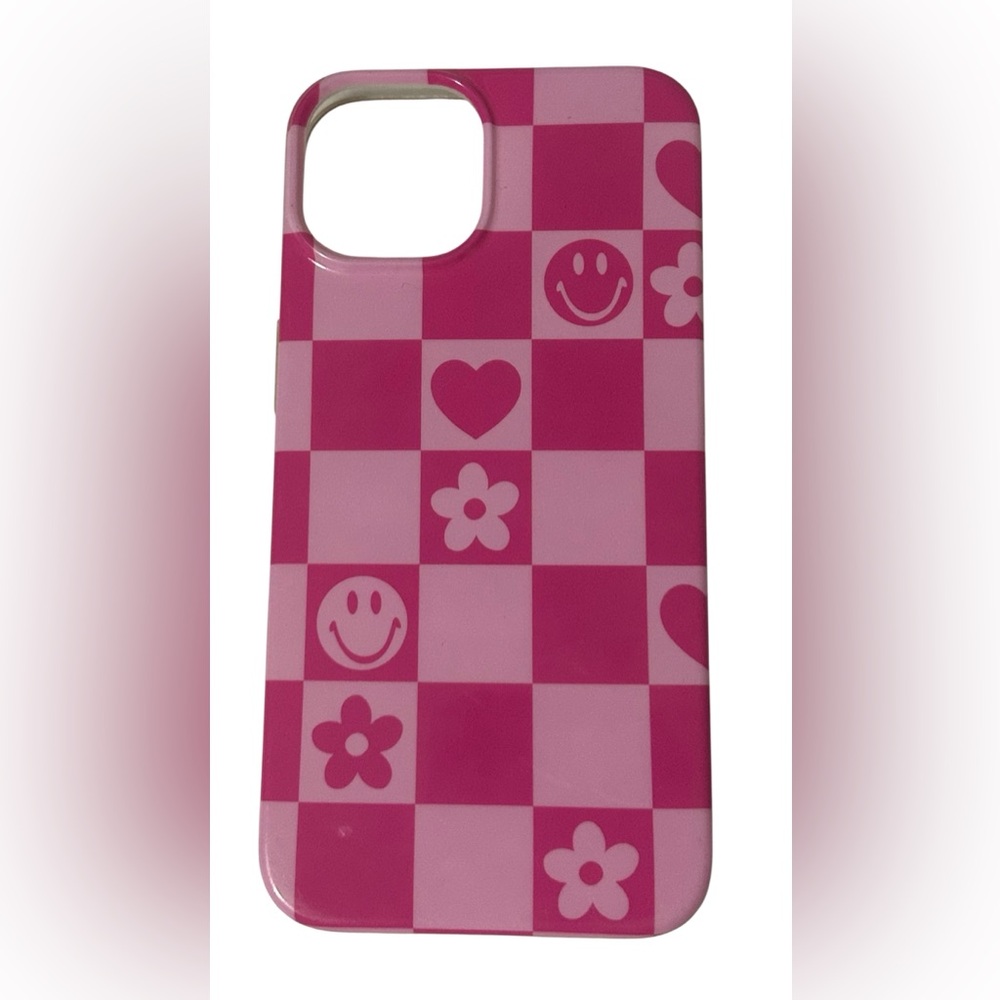 PINK SMILEY FACE PHONE CASE IPHONE 14 16E CHECKERED